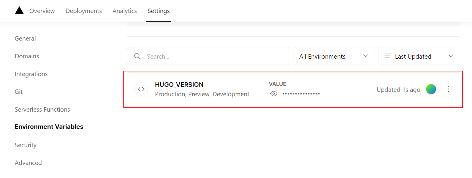 プロジェクト設定の環境変数でHUGO_VERSIONを設定